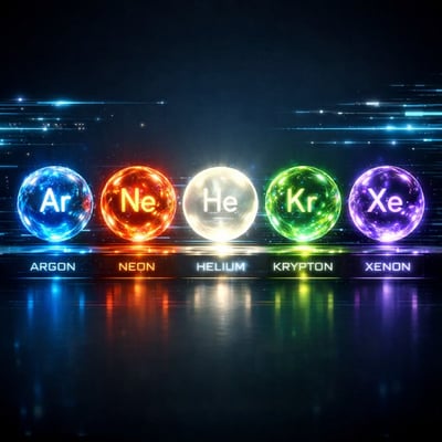 rare gasses  Argon Neon Helium krypton and Xenon in orbs in a single row in a digital style